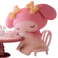 a pink stuffed animal with a yellow bow is sitting at a table with her eyes closed