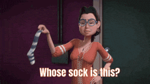 a cartoon of a woman sitting in front of a window with the caption " whose sock is this "