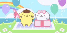 a pixel art of pomeranian and pompompurin holding a gift box