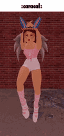 a cartoon girl is standing in front of a brick wall wearing a butterfly headband and shorts .