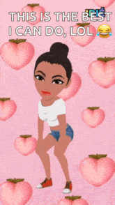 a cartoon girl is standing in front of a pink background with peach hearts and the words " this is the best i can do lol "