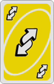 a yellow uno card with two white arrows pointing in opposite directions on it .
