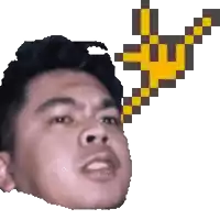 a pixelated image of a man 's face with a yellow and black checkered arrow coming out of his head