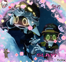 a picture of two robots with the words slay in pink letters