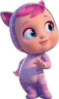 a cartoon baby wearing a purple cat costume