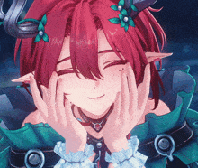 a girl with red hair and green flowers in her hair is smiling with her eyes closed