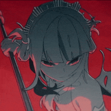 a drawing of a girl holding a stick with a red background