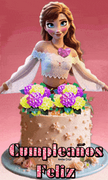 a birthday cake with a doll on top and the words cumpleanos feliz on it