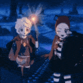 two anime characters are standing next to each other in a dark room