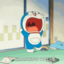 doraemon is screaming in a room with the words crashing out written on the floor