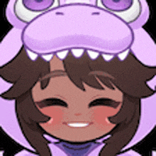 a girl wearing a purple dinosaur costume is smiling .