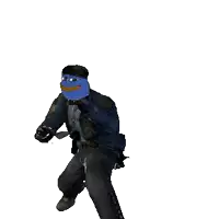 a police officer with a blue face and a hat