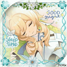 a picture of a girl sleeping with the words good night sleep time below her