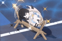 a cartoon character is laying in a wooden manger