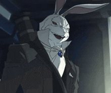 a cartoon rabbit in a suit and tie holds a gun