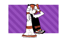 a cartoon girl is sitting on a purple and white striped background .