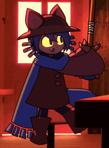a cartoon drawing of a cat holding a sword and a bag