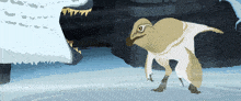a cartoon drawing of a bird standing in the snow near a cave
