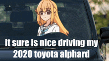 a picture of a girl driving a toyota alphard