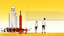 a cartoon of a volleyball player with a bottle of water in the background .
