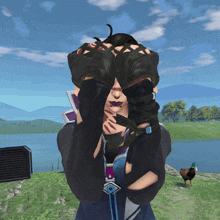 a woman in a video game covering her eyes with her hands and a duck in the background