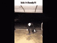 a man in a suit and tie is riding a skateboard with the caption kick it slendy !!!