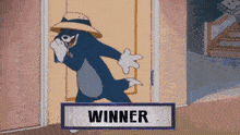 a cartoon of tom wearing a hat is standing in a doorway with a sign that says winner