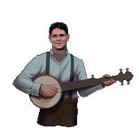 a man with red eyes is playing a banjo in front of two ghosts