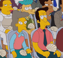 a group of cartoon characters sitting in chairs with fans