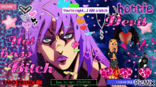 a picture of a girl with purple hair and the words " hottie devil "