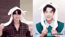a man wearing a bunny hat next to a man wearing a kapwing logo