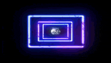a purple and blue neon sign with a picture of a safe in the middle