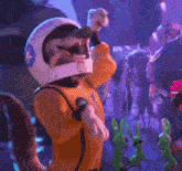 a cartoon character is wearing a helmet with a star on it .