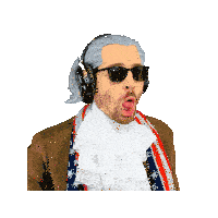 a man wearing sunglasses and headphones is making a funny face on a white background