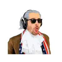 a man wearing sunglasses and headphones is making a funny face on a white background