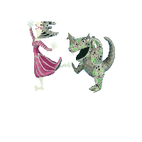 a woman in a pink dress is dancing with a green dragon