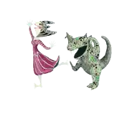 a woman in a pink dress is dancing with a green dragon