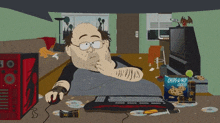 a cartoon of a man sitting at a desk with a box of chips-a-hoy corn