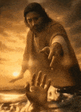 a painting of jesus reaching out to help someone