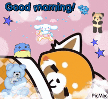 a picture of a fox sleeping with a teddy bear and a panda bear saying good morning