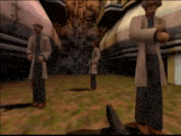 a group of men standing in a field in a video game .