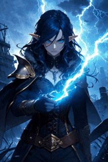 a girl with blue hair and ears is holding a lightning bolt