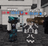 two minecraft characters are standing next to each other with a sign that says lukeytv