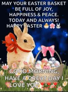 a picture of an easter bunny with a basket of eggs and the words " may your easter basket be full of joy "