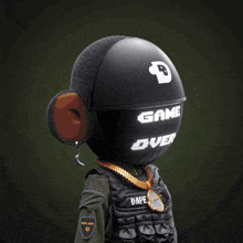 a monkey wearing a helmet with game over written on it