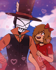 a cartoon drawing of a man and a girl with hearts in the background
