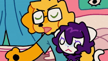 a cartoon drawing of a cat and a purple cat laying on a bed
