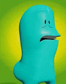a blue cartoon character with his mouth open