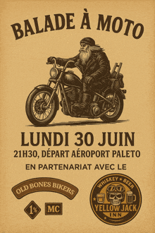 a poster for balade a moto shows an old man on a motorcycle