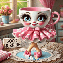 a sign that says " good morning " next to a cup